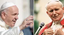 Papa Francisco. Crédito: Daniel Ibáñez / ACI Prensa. San Juan Pablo II. Crédito: Vatican Media