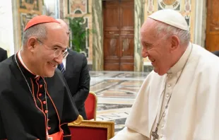 El Papa Francisco recibe en audiencia a la ODUCAL y saluda al Cardenal José Tolentino de Mendonça. Crédito: Vatican Media 