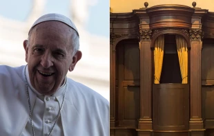 Papa Francisco. Foto Daniel Ibu00e1u00f1ez (ACI Prensa) / Confesionario. Foto: Pixabay, dominio pu00fablico 