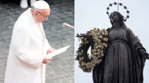 Papa Francisco y estatua de la Inmaculada Concepción. Foto: Daniel Ibáñez / ACI Prensa