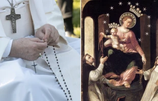 Papa Francisco rezando el Rosario. Foto: Vatican Media. Nuestra Seu00f1ora del Rosario. Foto: Dominio Pu00fablico 