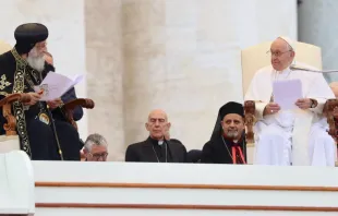 El Papa Francisco en la Audiencia general junto a Tawadros II. Crédito: Daniel Ibáñez / ACI Prensa  