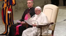 El Papa Francisco en el Aula Pablo VI en la catequesis de hoy. Foto: Daniel Ibáñez (ACI Prensa)