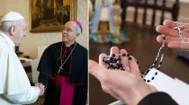 El Papa Francisco saluda al Obispo de El Paso. Crédito: Vatican Media / Uno de los rosarios enviados por el Papa. Crédito: Diócesis de El Paso