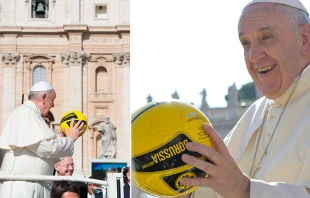 El Papa Francisco sostiene un balu00f3n de fu00fatbol en la Plaza de San Pedro durante la audiencia general del 26 de agosto de 2015 | Cru00e9dito: Vatican News 