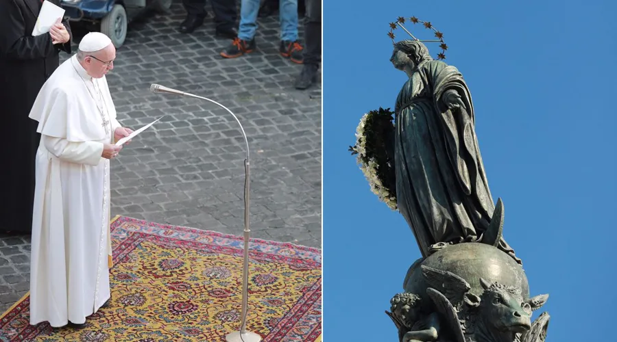 El Papa pronuncia la oración a la Inmaculada en la Plaza de España. Fotos: Daniel Ibáñez / ACI Prensa?w=200&h=150