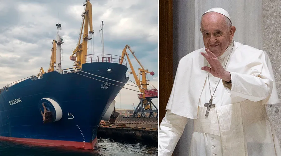 Primer barco con alimentos que salió del puerto de Odesa, Ucrania/ Papa Francisco. Crédito: Ministerio de Infraestructura de Ucrania / Daniel Ibañez- ACI Prensa