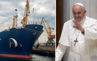 Primer barco con alimentos que saliu00f3 del puerto de Odesa, Ucrania, el 1 de agosto de 2022 / Papa Francisco. Cru00e9dito: Ministerio de Infraestructura de Ucrania / Daniel Ibau00f1ez- ACI Prensa 