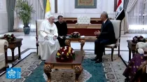Papa Francisco y el Presidente de Irak, Barham Ahmed Salih Qassim. Créditos: Captura Vatican Media
