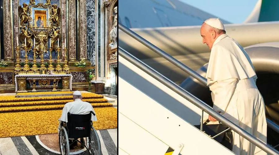 Papa Francisco en la Basílica de Santa María la Mayor y subiendo a un avión. Crédito: Vatican Media?w=200&h=150
