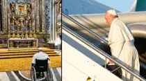 Papa Francisco en la Basílica de Santa María la Mayor y subiendo a un avión. Crédito: Vatican Media
