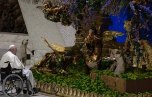 El Papa Francisco reza ante el nacimiento del Vaticano. Cru00e9dito: Daniel Ibu00e1u00f1ez/ACI Prensa 