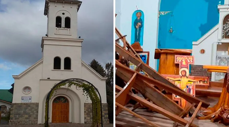 Parroquia Nuestra Señora de Luján. Crédito: Diócesis de Bariloche / Ataque al interior de la iglesia. Crédito: AICA.