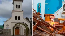 Parroquia Nuestra Señora de Luján. Crédito: Diócesis de Bariloche / Ataque al interior de la iglesia. Crédito: AICA.