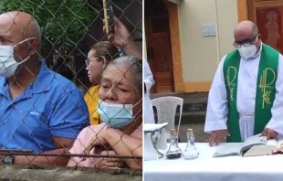 Los fieles detru00e1s de las rejas de la iglesia y el vicario parroquial celebrando Misa en el atrio de la parroquia Santa Lucu00eda en Matagalpa. Cru00e9dito: Diu00f3cesis Media - Radio Stereo Santa Lucu00eda 