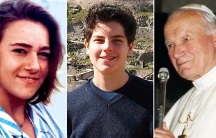 Beata Chiara Badano. Cru00e9dito: EWTN / Beato Carlo Acutis. Cru00e9dito: Asosiaciu00f3n Carlo Acutis / San Juan Pablo II. Cru00e9dito: Dominio Pu00fablico 