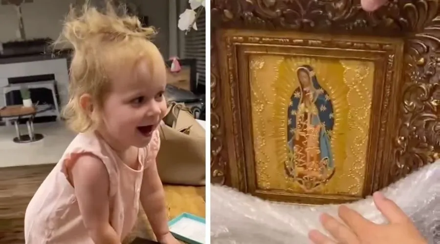 Pia Francesca, la hija de David Henrie, se emociona al ver a la Virgen de Guadalupe. Crédito: Captura de video.