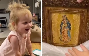 Pia Francesca, la hija de David Henrie, se emociona al ver a la Virgen de Guadalupe. Cru00e9dito: Captura de video. 