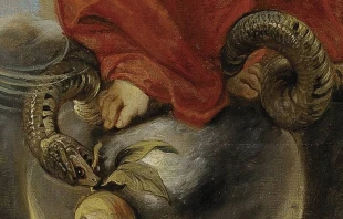 Detalle de los pies de la Virgen Maru00eda pisando a la serpiente en pintura de Peter Paul Rubens. 