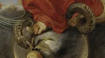 Detalle de los pies de la Virgen María pisando a la serpiente en pintura de Peter Paul Rubens.