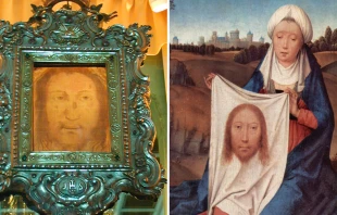 Santa Faz - Cru00e9dito: Ra Boe Wikipedia (CC-BY-SA-3.0) / Pintura de Veru00f3nica sosteniendo el velo - Hans Memling (Dominio Pu00fablico) 