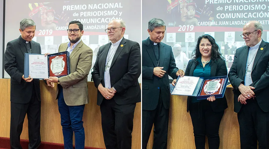 Diego López Marina de ACI Prensa y la estudiante Milagros Díaz León, dos de los ganadores del premio. Crédito: Conferencia Episcopal Peruana