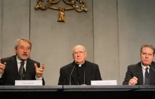 Presentación de las catequesis con el Cardenal Farrel y el portavoz del Vaticano, Greg Burke. Foto: Alexey Gotovsky / ACI Prensa 