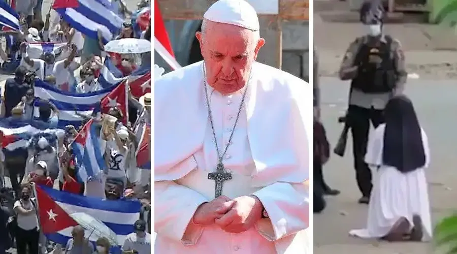 Protestas en Cuba 2021, el Papa Francisco en Irak y Ann Rose Nu Tawng. Crédito: Vatican Media y Medios locales de Myanmar / EWTN.?w=200&h=150