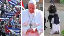 Protestas en Cuba 2021, el Papa Francisco en Irak y Ann Rose Nu Tawng. Crédito: Vatican Media y Medios locales de Myanmar / EWTN.