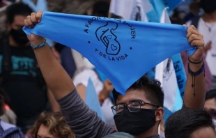 Joven levanta el pau00f1uelo celeste en marcha A favor de la mujer y de la vida en Ciudad de Mu00e9xico, el 3 de octubre de 2021. Cru00e9dito: David Ramos / ACI Prensa. 