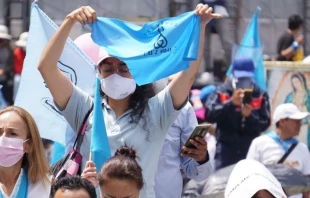 Joven levanta un pau00f1uelo celeste con mensaje provida en marcha del 3 de octubre de 2021 en Ciudad de Mu00e9xico. Cru00e9dito: David Ramos / ACI Prensa. 