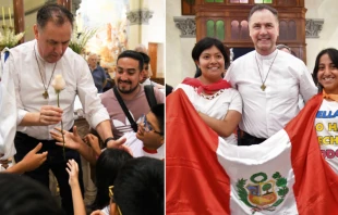 P. u00c1ngel Fernu00e1ndez recibido por ju00f3venes peruanos. Cru00e9dito: Salesianos del Peru00fa 