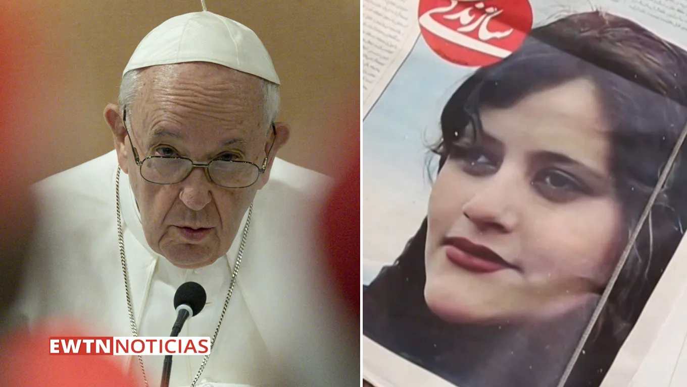 Papa Francisco con cardenales / Joven iraní Mahsa Amini asesinada por policías. Crédito: EWTN Noticias