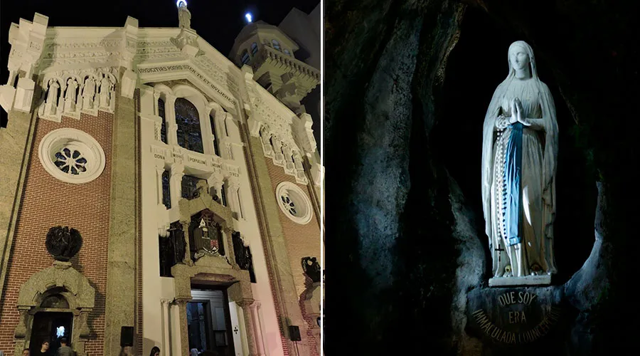 Basílica de Nuestra Señora de Lourdes y la Virgen de Lourdes. Créditos: Facebook Basílica Nossa Senhora de Lourdes / Daniel Ibáñez (ACI Prensa)