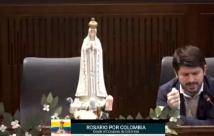 El representante Luis Miguel Lu00f3pez Aristizu00e1bal inicia el rezo del Rosario en el Congreso de Colombia. Cru00e9dito: YouTube Uniu00f3n Familia 