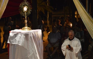 Sacerdote en adoraciu00f3n ante el Santu00edsimo, dirige la oraciu00f3n ayudado de su mu00f3vil. Foto: Festival YouHope.  