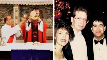 P. Kevin Kennedy celebrando Misa en la Iglesia San Gabriel (2018) y en un evento formal antes de ser sacerdote (1986). Crédito: Sitio web de la Iglesia San Gabriel y cortesía del P. Kevin Kennedy.