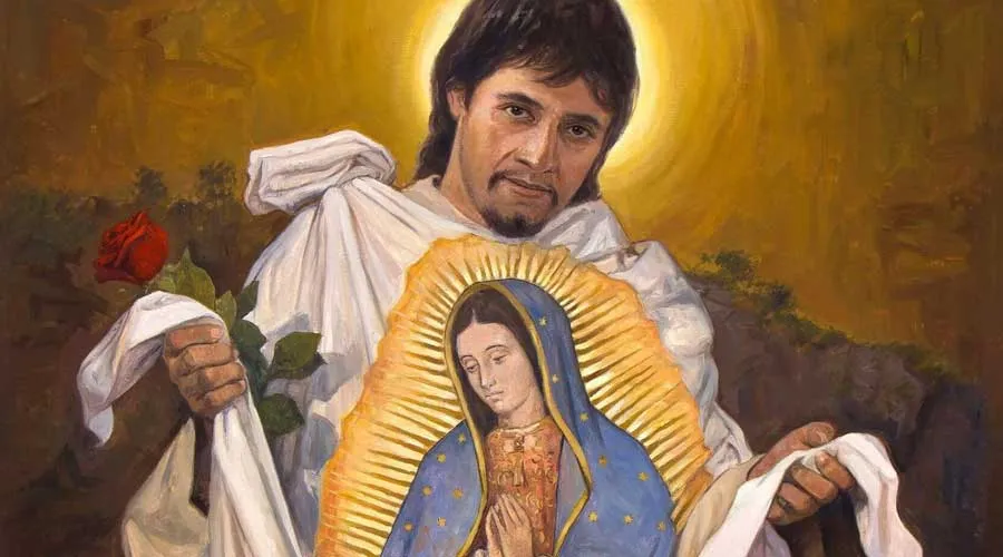 San Juan Diego sostiene en sus manos la imagen de la Virgen de Guadalupe, en pintura de Raúl Berzosa.