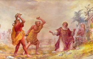 El fresco neobarroco de la lapidación de San Esteban en la Chiesa di Santo Stefano, Menaggio. Crédito: Luigi Tagliaferri (1841-1927) - Shutterstock