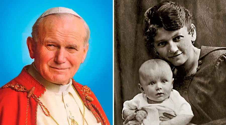 San Juan Pablo II cuando era bebé y su madre / San Juan Pablo II ya como Papa. Crédito: Dominio público