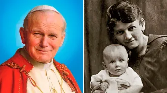 San Juan Pablo II cuando era bebé y su madre / San Juan Pablo II ya como Papa.