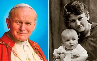 San Juan Pablo II cuando era bebé y su madre / San Juan Pablo II ya como Papa. Crédito: Dominio público