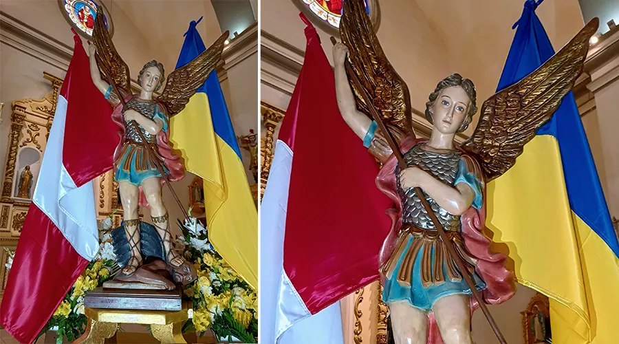 Imagen de San Miguel junto a las banderas de Perú y Ucrania | Crédito: Arquidiócesis de San Miguel de Piura