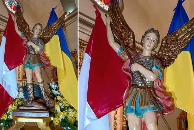 Iglesia en Perú se solidariza con Ucrania y une ambas banderas con imagen de San Miguel