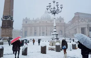 La Basílica de San Pedro y la Plaza de San Pedro cubiertas de nieve. Foto: Alexey Gotovsky 