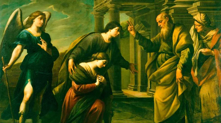 Arcángel San Rafael acompaña a los esposos Tobías y Sara mientras reciben la bendición del padre de ella.