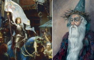 Entrada triunfal de Santa Juana de Arco. Cru00e9dito: Dominio pu00fablico - Wikimedia Commons / Representaciu00f3n de Merlu00edn. Cru00e9dito: Douglas Baulch - Wikimedia Commons (CC BY 3.0) 