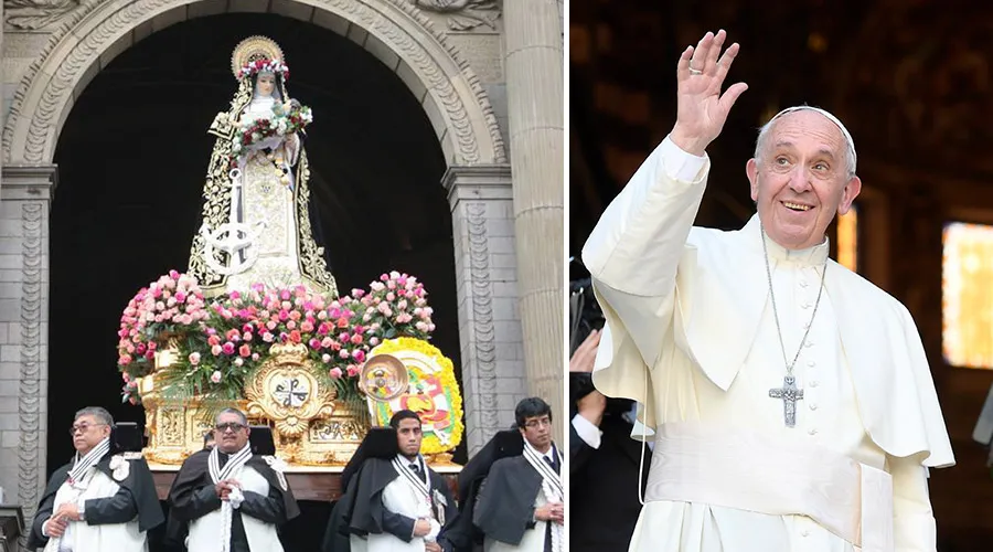 Imagen de Santa Rosa de Lima en el atrio de la Catedral de Lima y Papa Francisco / Crédito: Eduardo Berdejo (ACI Prensa) y L'Osservatore Romano