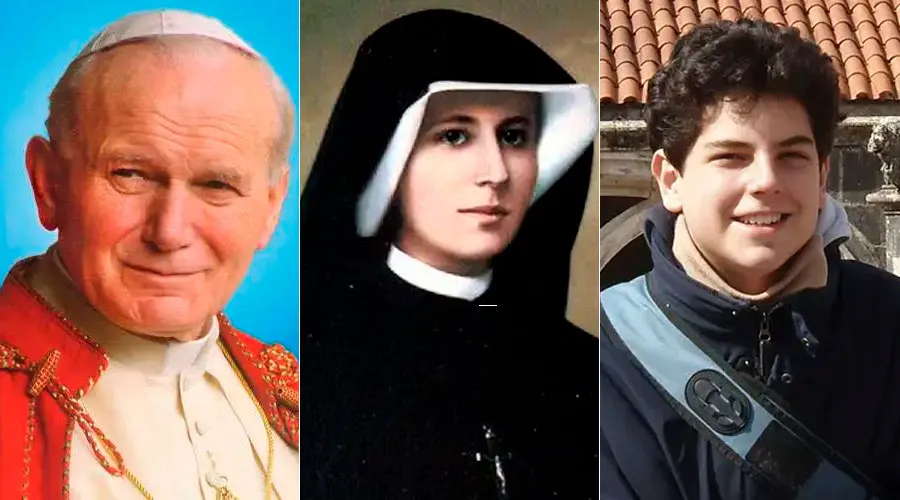 San Juan Pablo II, Santa Faustina Kowalska y el Beato Carlo Acutis / Crédito: Dominio Público