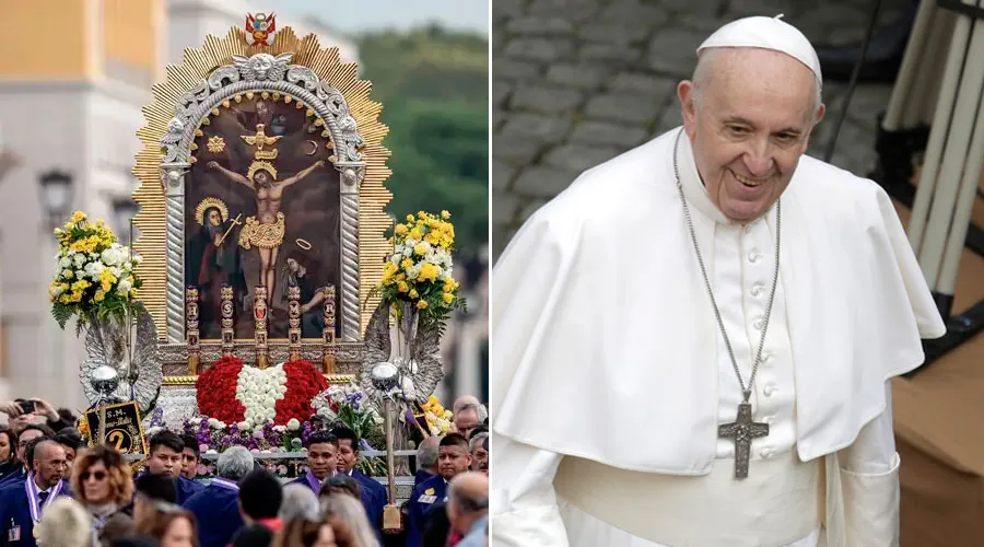 Procesión del Señor de los Milagros en Roma en 2019 / Papa Francisco. Crédito de ambas fotos: Daniel Ibáñez / ACI Prensa